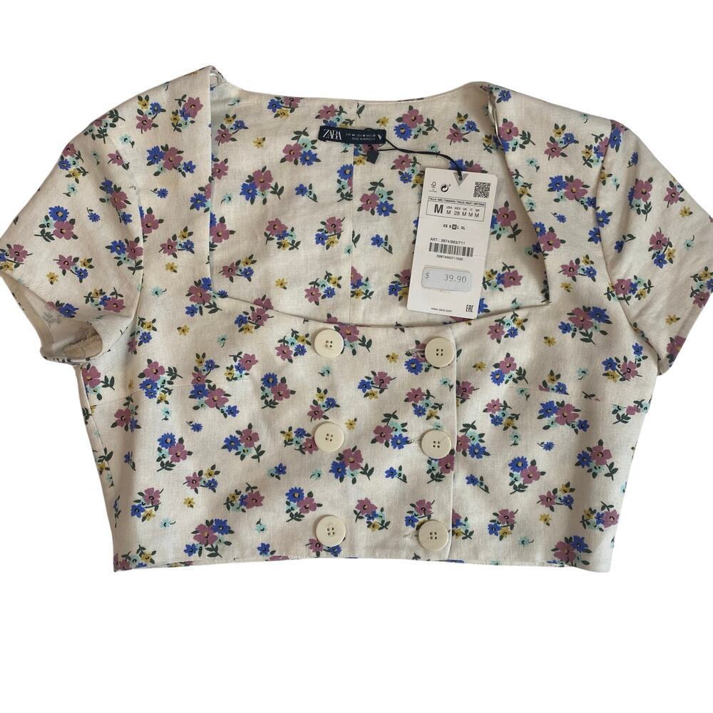 ZARA Floral Crop Top Womens Sz Medium Square Neck Linen Blend Cottagecore - Picture 2 of 5